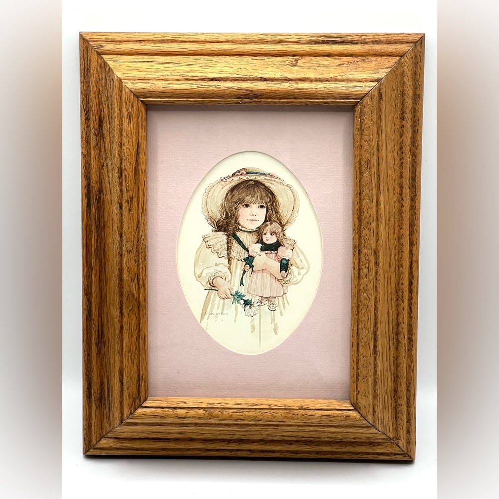 VTG Jan Hagara Wooden Framed Print Victorian Girl with Doll 1984 Wall Decor Art